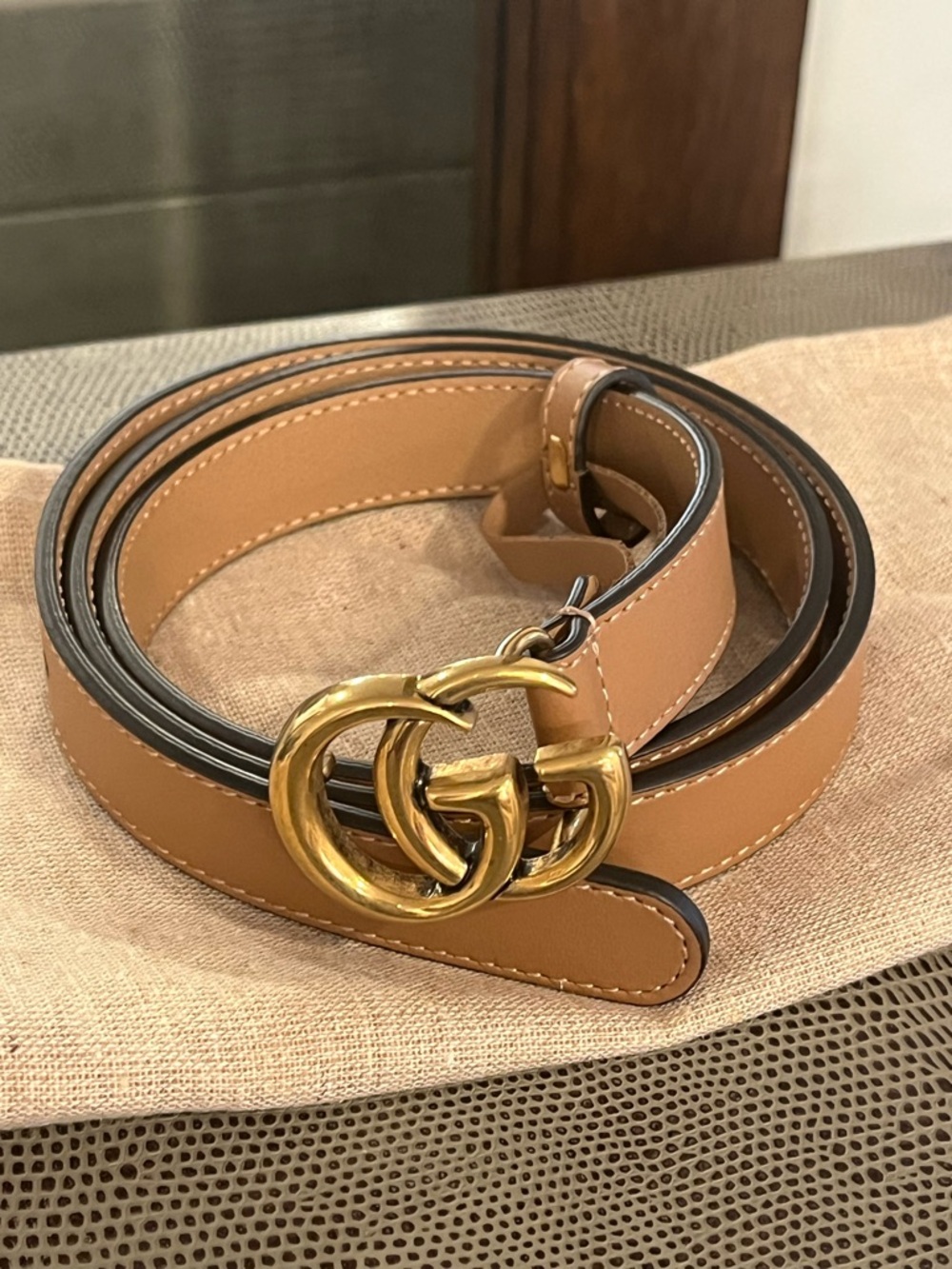 Gucci Tan Leather Belt with Gold Double G Buckle